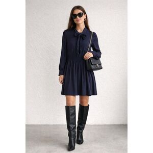 Love Moschino Womens Blue Smocked Long Sleeve Pleated Neck Tie Mini Dress Size 6